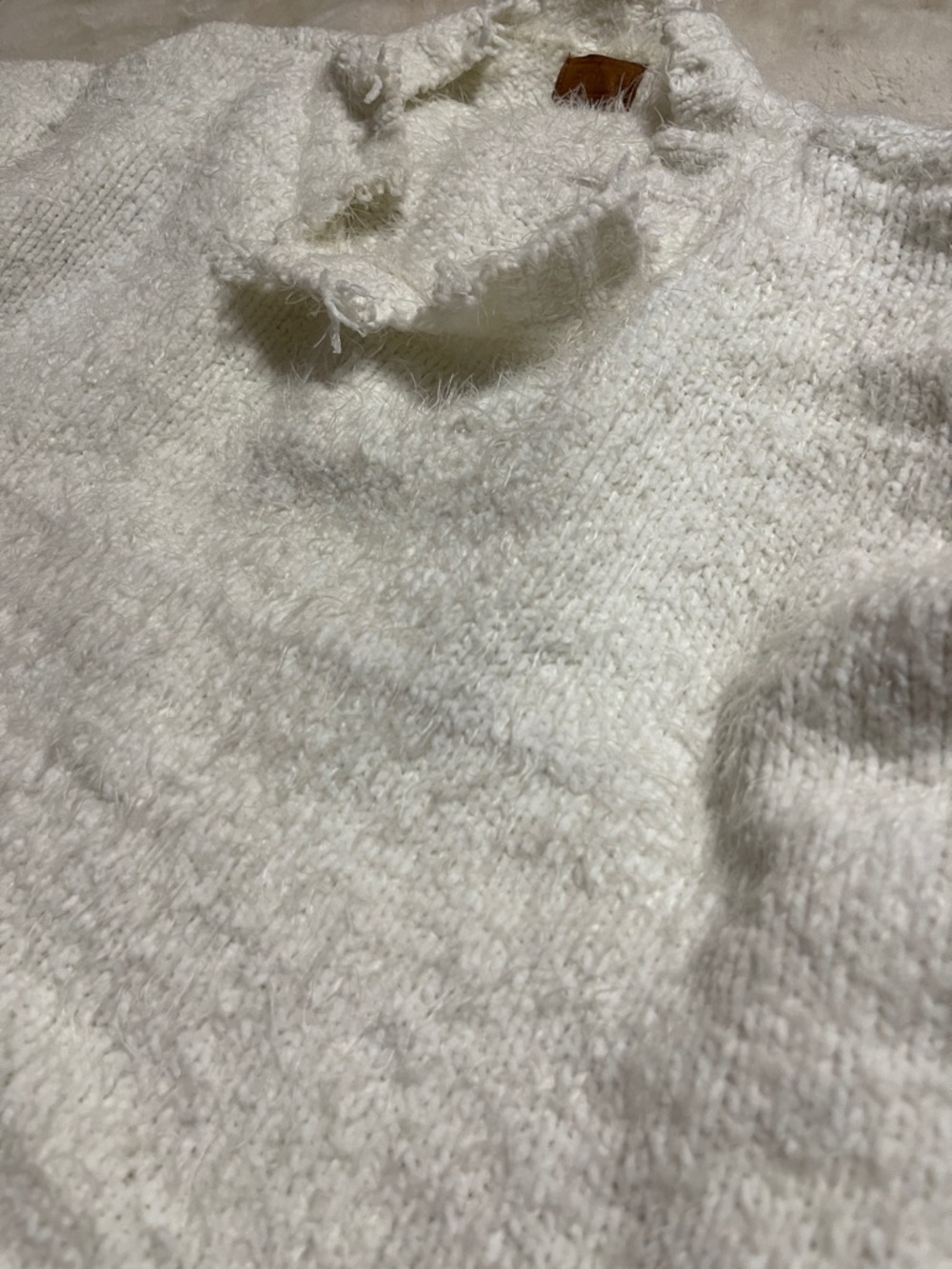 POL Distressed Cream Fringe Knit Sweater